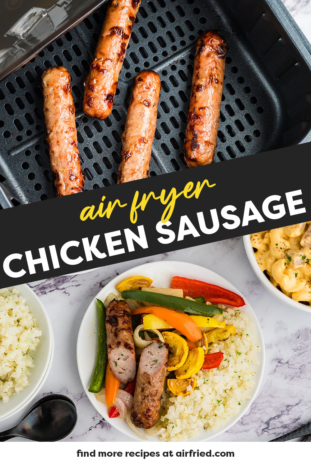 Making chicken sausage in the air fryer is so quick and easy. Serve these up with some veggies or stirred into mac and cheese for a quick meal that packs in protein. Ready in just 10 minutes.