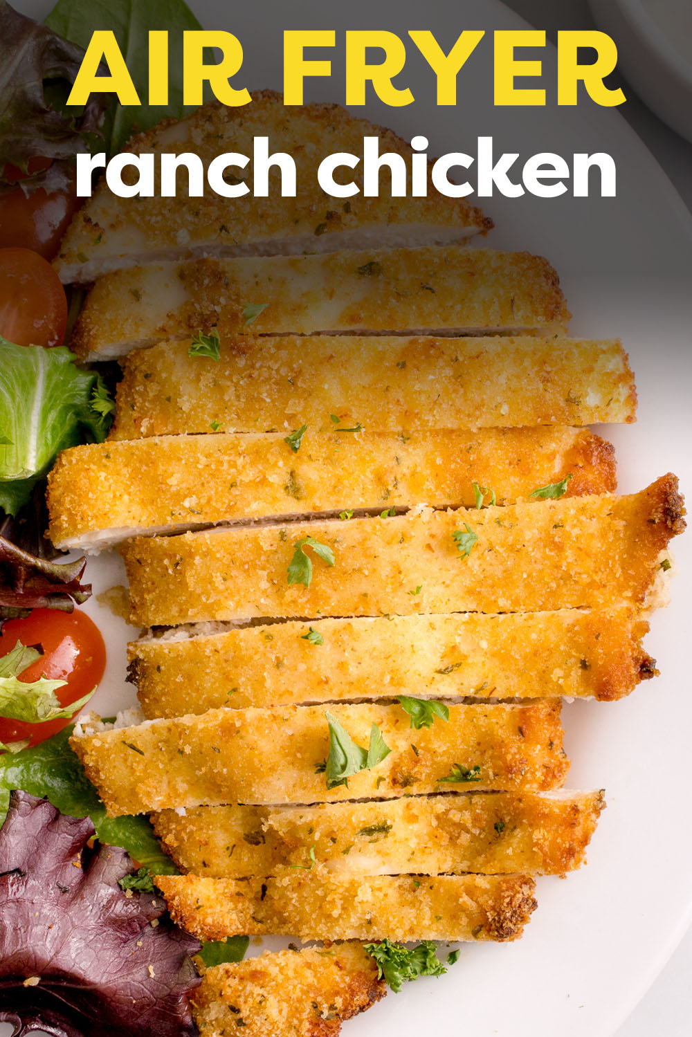 Our Air Fryer Ranch Chicken is a quick & easy crispy breaded chicken recipe made with breadcrumbs and ranch seasoning! It's ready in just 30 minutes and perfect for weeknight dinners!