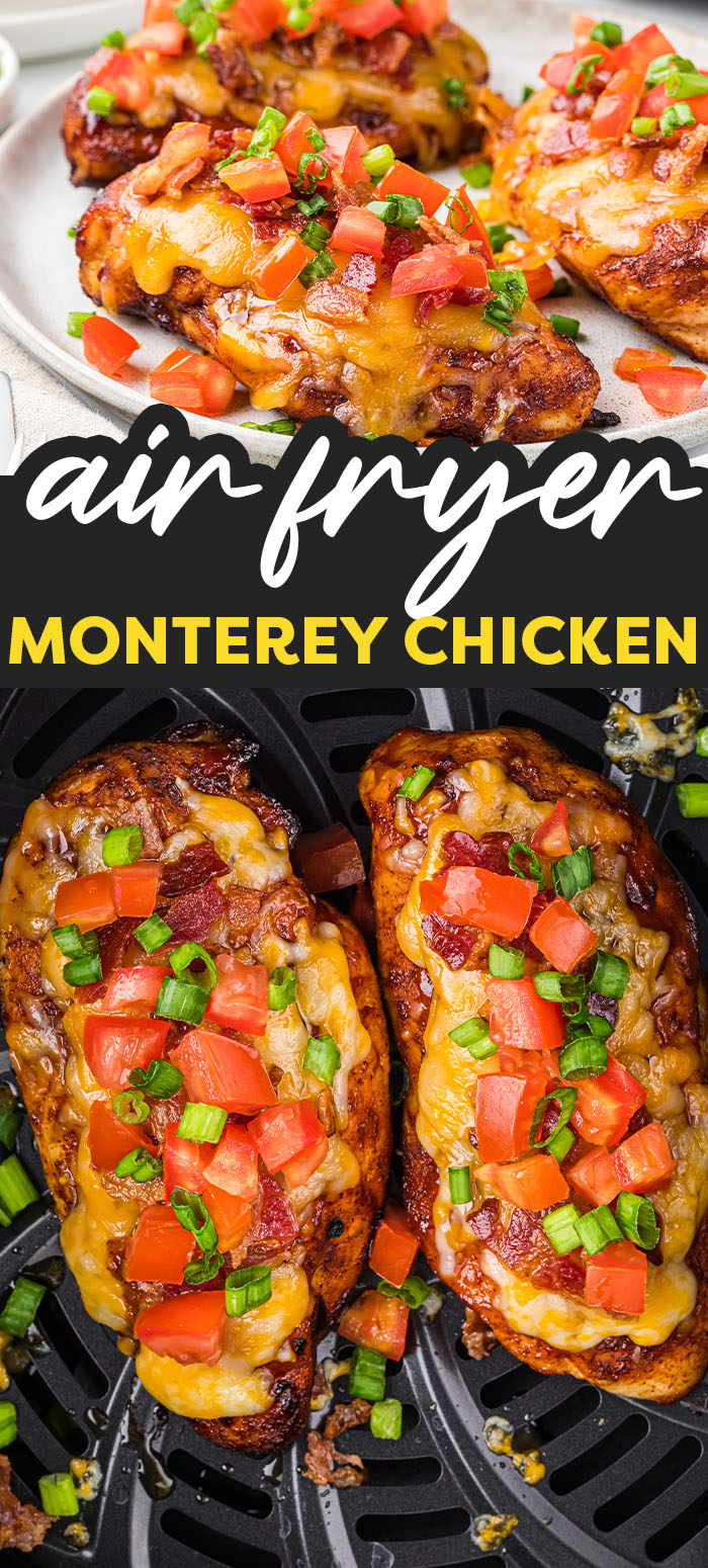 Air Fryer Monterey Chicken is an easy homemade copycat version of a Chili's classic. This cheesy, saucy, tender and juicy chicken is topped with your favorite BBQ sauce, Colby Jack cheese, bacon, diced tomato and green onion - all cooked in the air fryer in just 15 minutes!