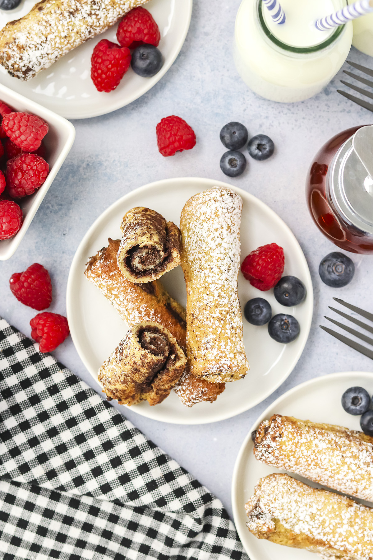 Overhead view of Nutella french toast rolls.