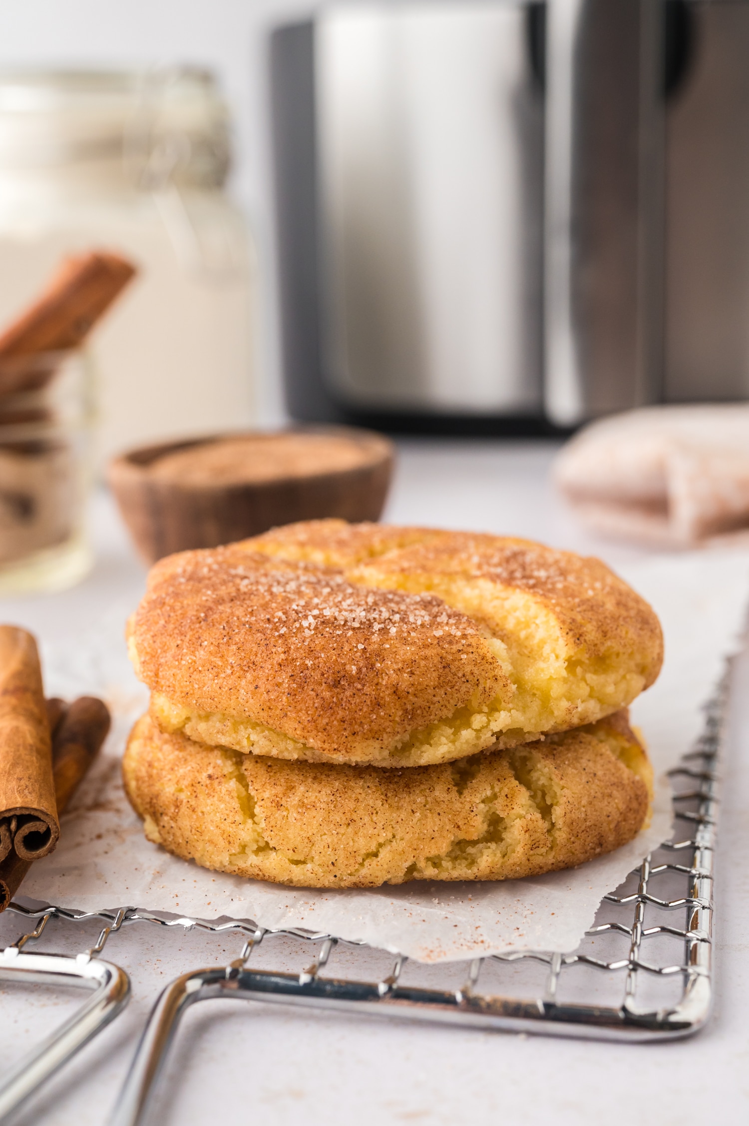 A close-up of two snickerdoodle cookies stacked directly on top of each other.