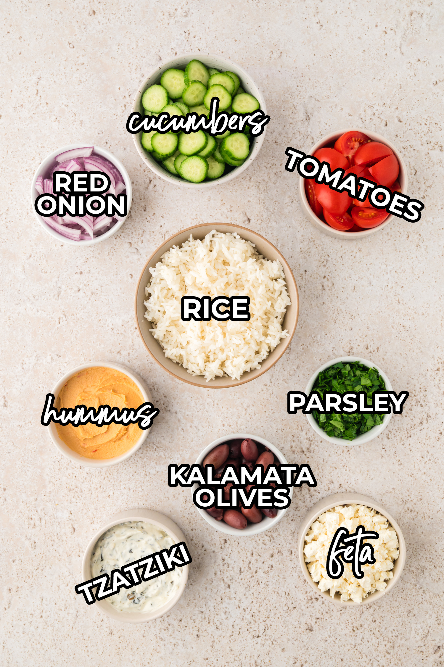 Ingredients for falafel bowl recipe.