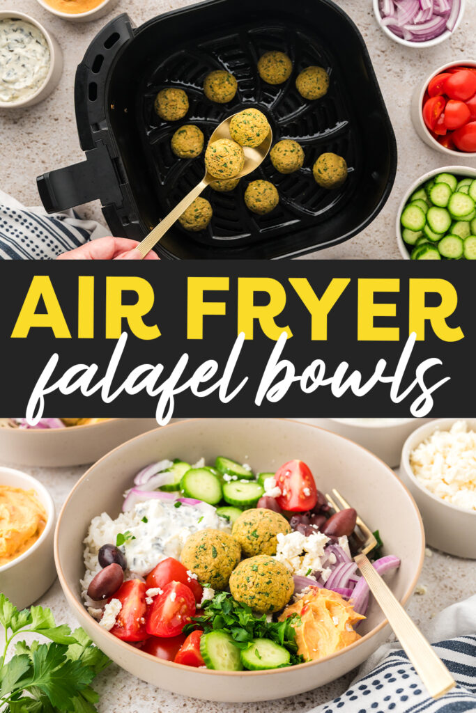 Collage of falafel bowl images.