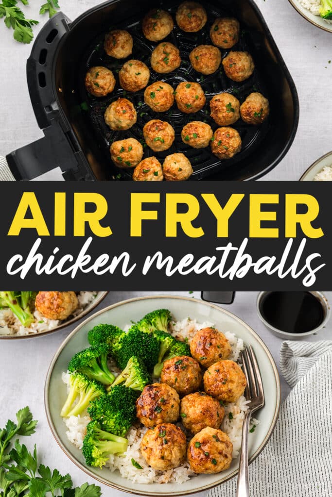 A collage with two pictures of cooked air fryer chicken meatballs.
