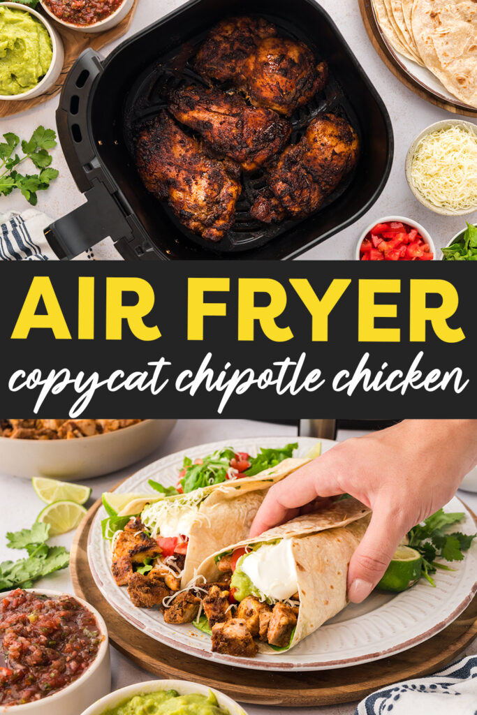 A collage of cooked Chipotle chicken with the top picture being in an air fryer basket and the second picture being served on a plate.