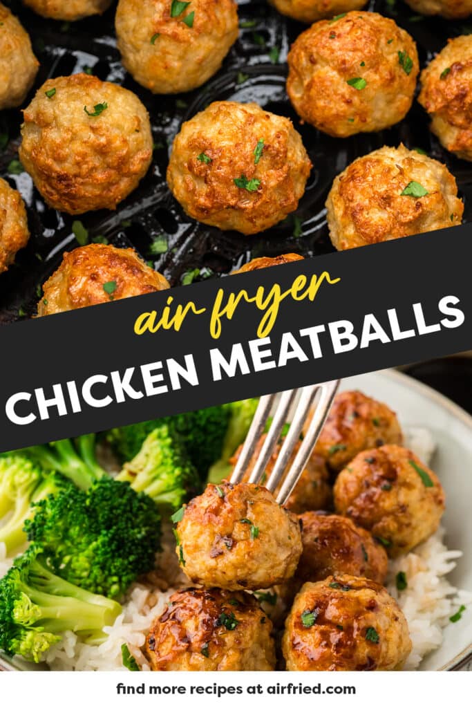 A collage of two close up pictures of chicken meatballs.
