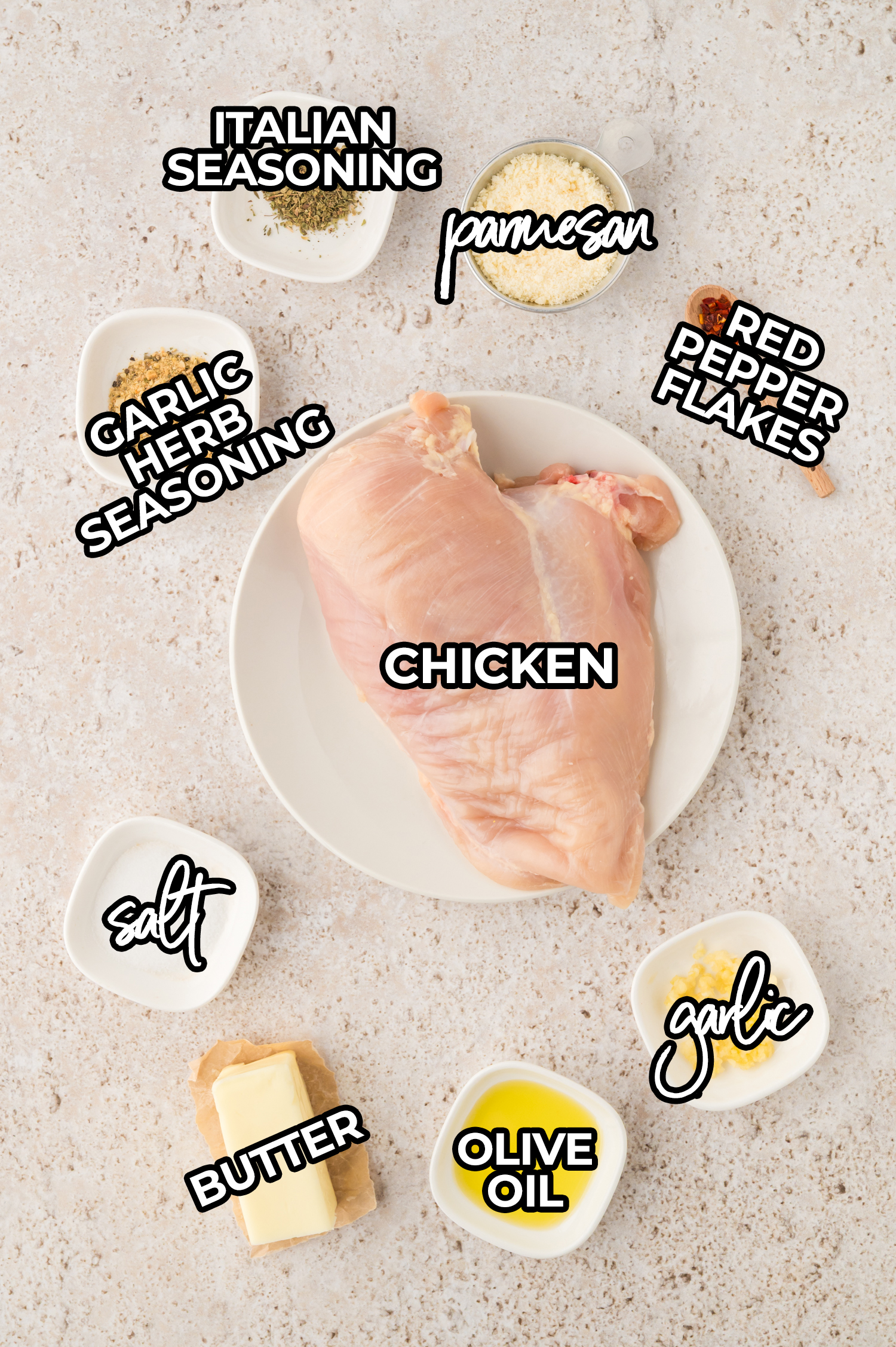 ingredients for garlic parmesan chicken bites on a countertop and labeled.