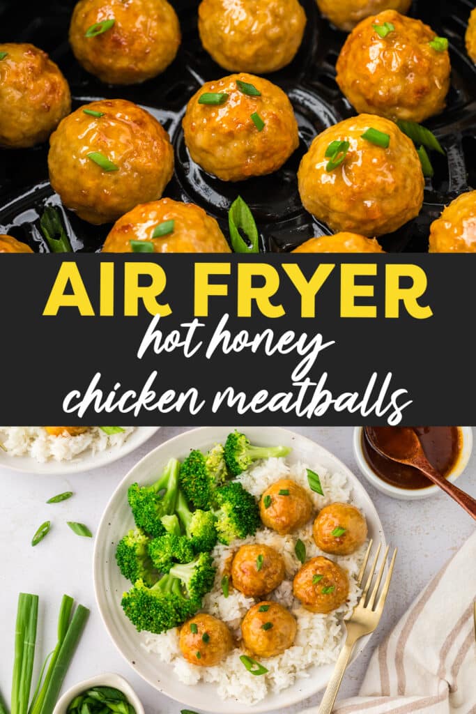 A collage of cooked hot honey chicken meatballs: the top image shows a close-up of the meatballs in an air fryer basket, and the bottom image shows them served on a plate of rice.