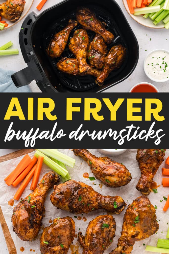 A collage of two images: the top shows coated buffalo drumsticks arranged in an air fryer basket, and the bottom shows the drumsticks spread out on a cutting board.