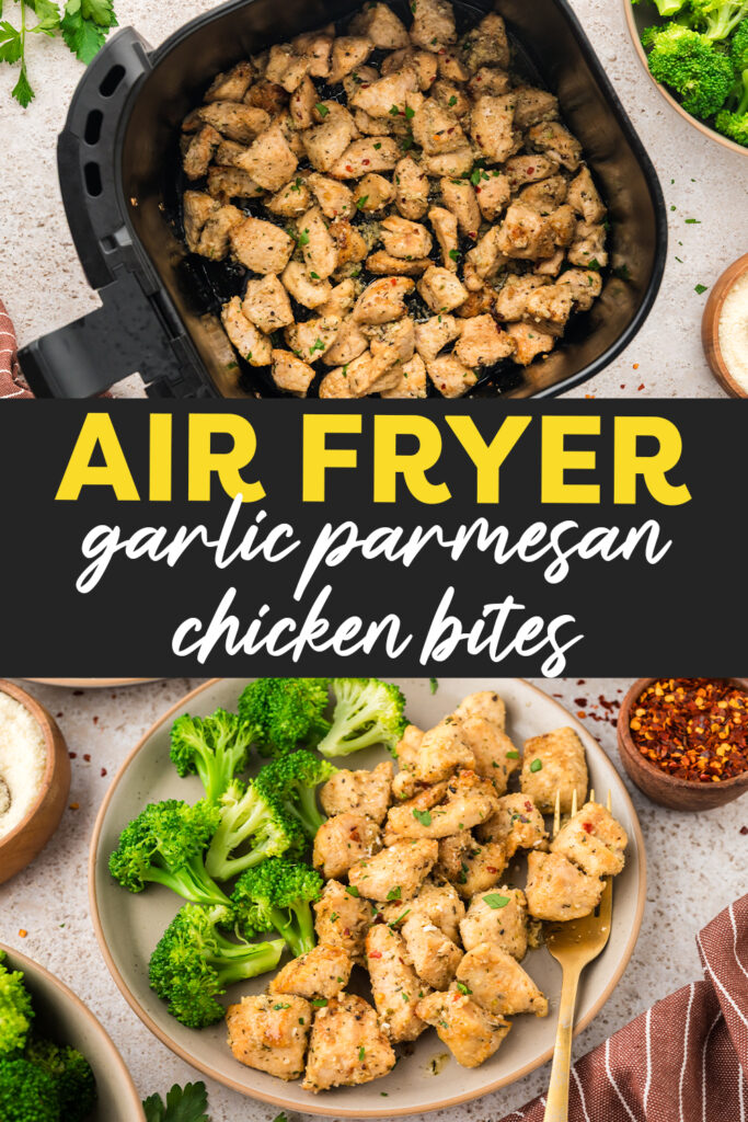 Collage of two picture of garlic parmesan chicken bites.