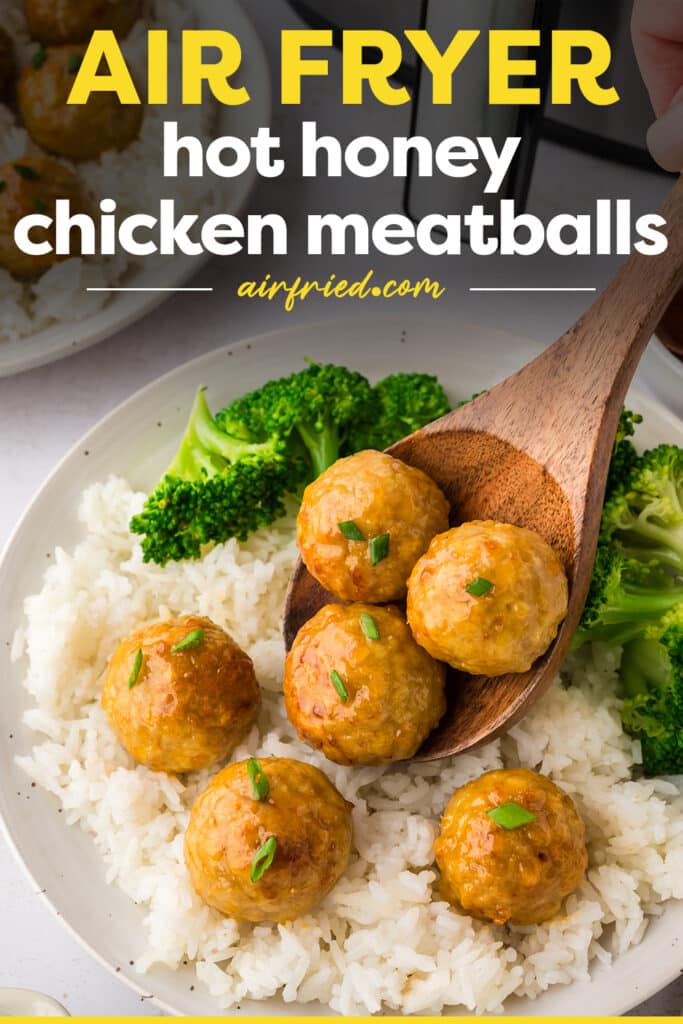 Three chicken meatballs rest on a wooden spoon, accompanied by a text overlay labeling them.