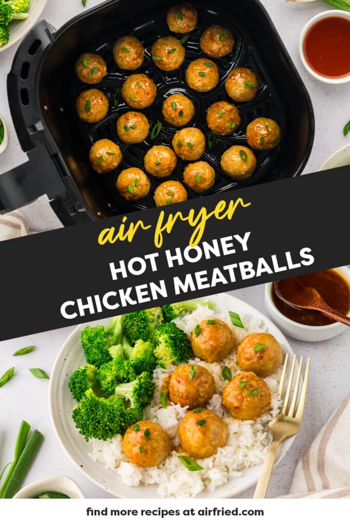 A collage featuring hot honey chicken meatballs, with text overlay labeling or describing the dish.
