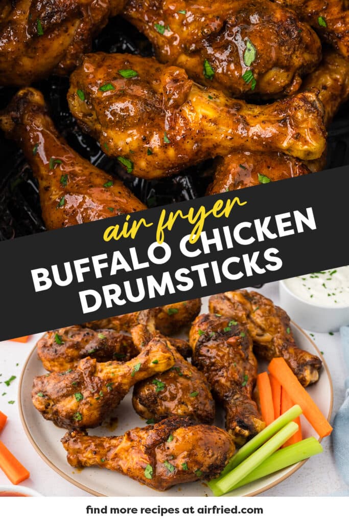 A collage of cooked buffalo chicken drumsticks, with a close-up view on top and the drumsticks arranged on a plate in the bottom image.