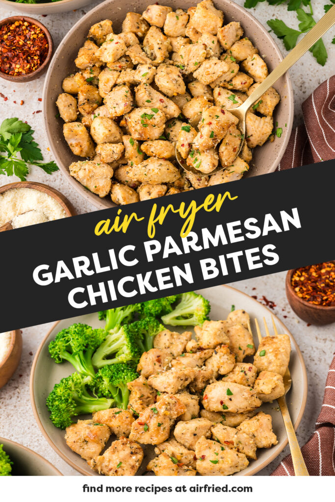 Colalge of two pictures of plates of garlic parmesan chicken bites.