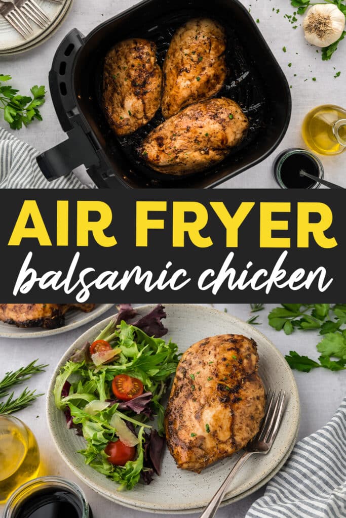 A collage of balsamic chicken: the top image shows the chicken arranged in an air fryer basket, and the bottom image shows it plated alongside a side salad.