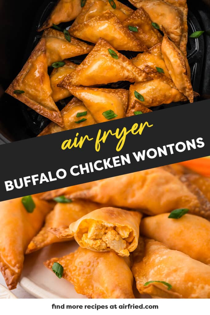 A collage of close-up images showing buffalo chicken wontons, highlighting their crispy, golden-brown exterior.