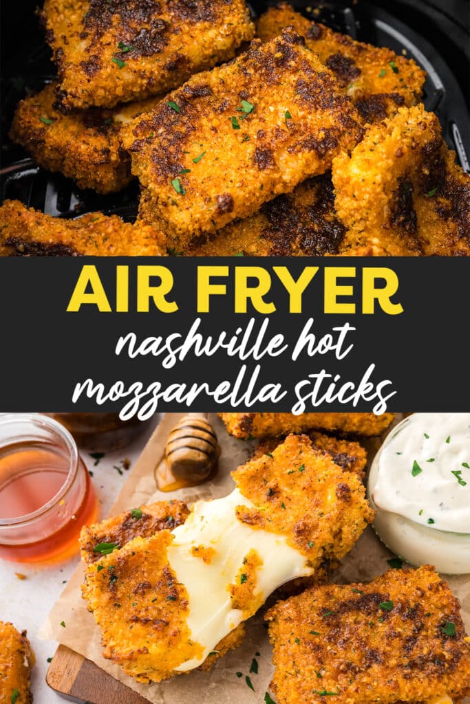 A collage of two images: the top shows an air fryer basket filled with Nashville hot mozzarella sticks, and the bottom shows one pulled apart with melted cheese stretching between the halves.
