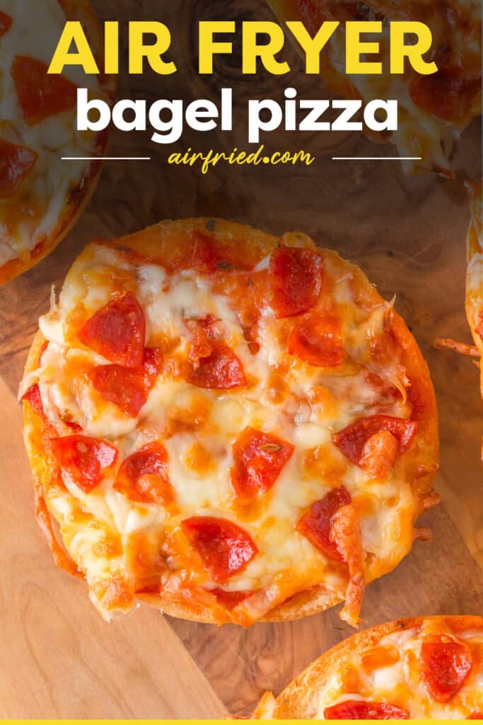 A close-up of a pepperoni bagel pizza, showing melted cheese and pepperoni slices on top of the toasted bagel base.