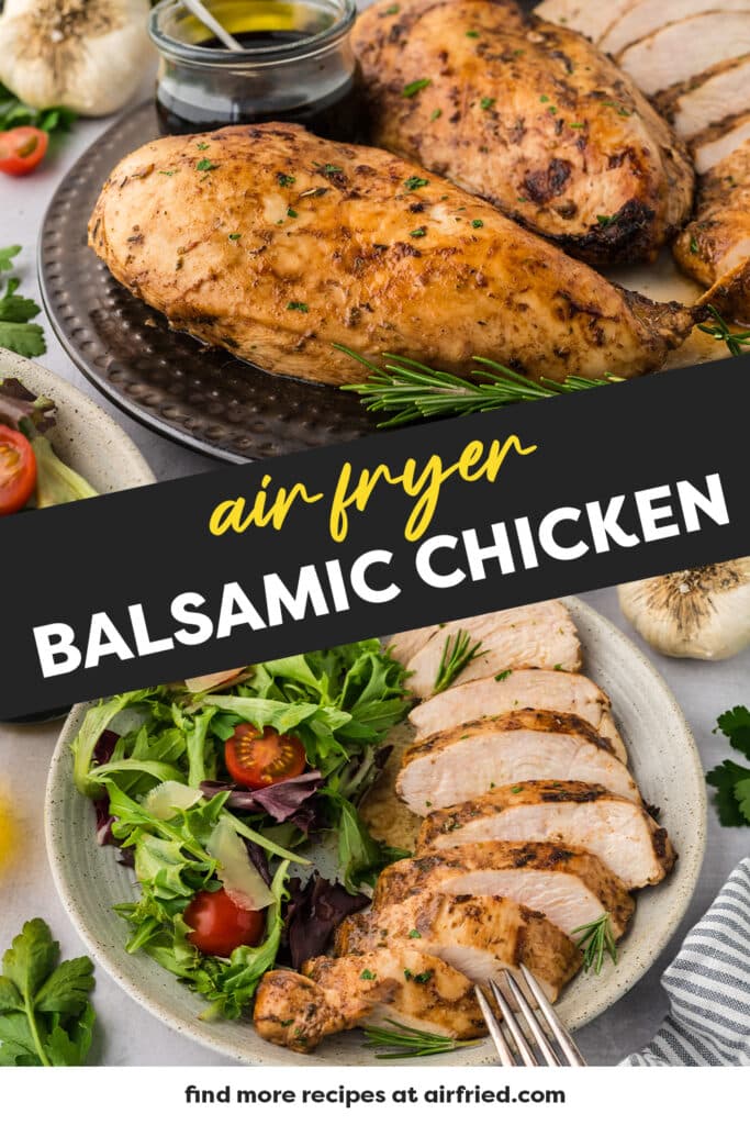A collage of balsamic chicken: the top image shows three whole chicken breasts on a plate, and the bottom image shows sliced chicken served next to spring greens.