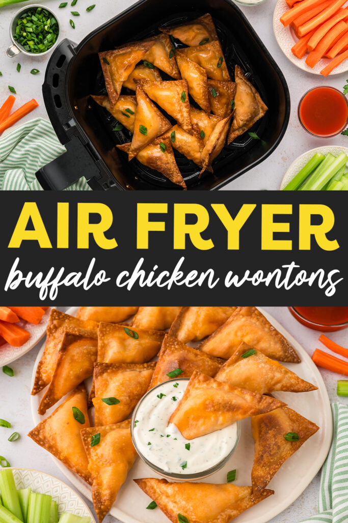 A collage of buffalo chicken wontons: the top image shows an air fryer basket filled with them, and the bottom image shows the wontons arranged on a white plate.