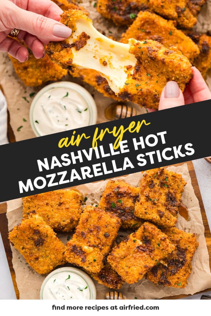 A collage of two images featuring Nashville hot mozzarella sticks, showing them from two different angles.