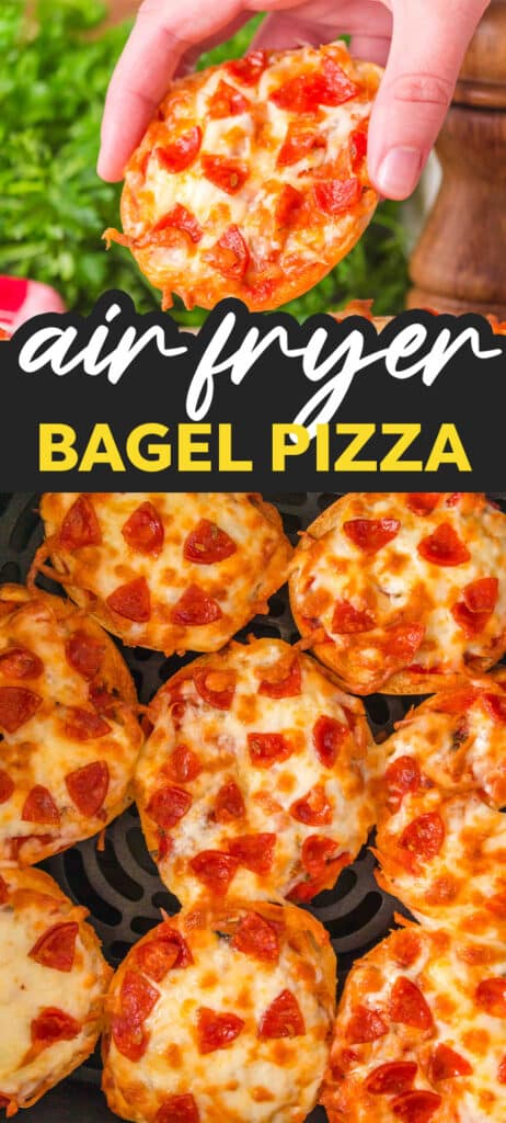 A collage of air fryer bagel pizzas, featuring multiple pizzas and a text overlay labeling or describing them.
