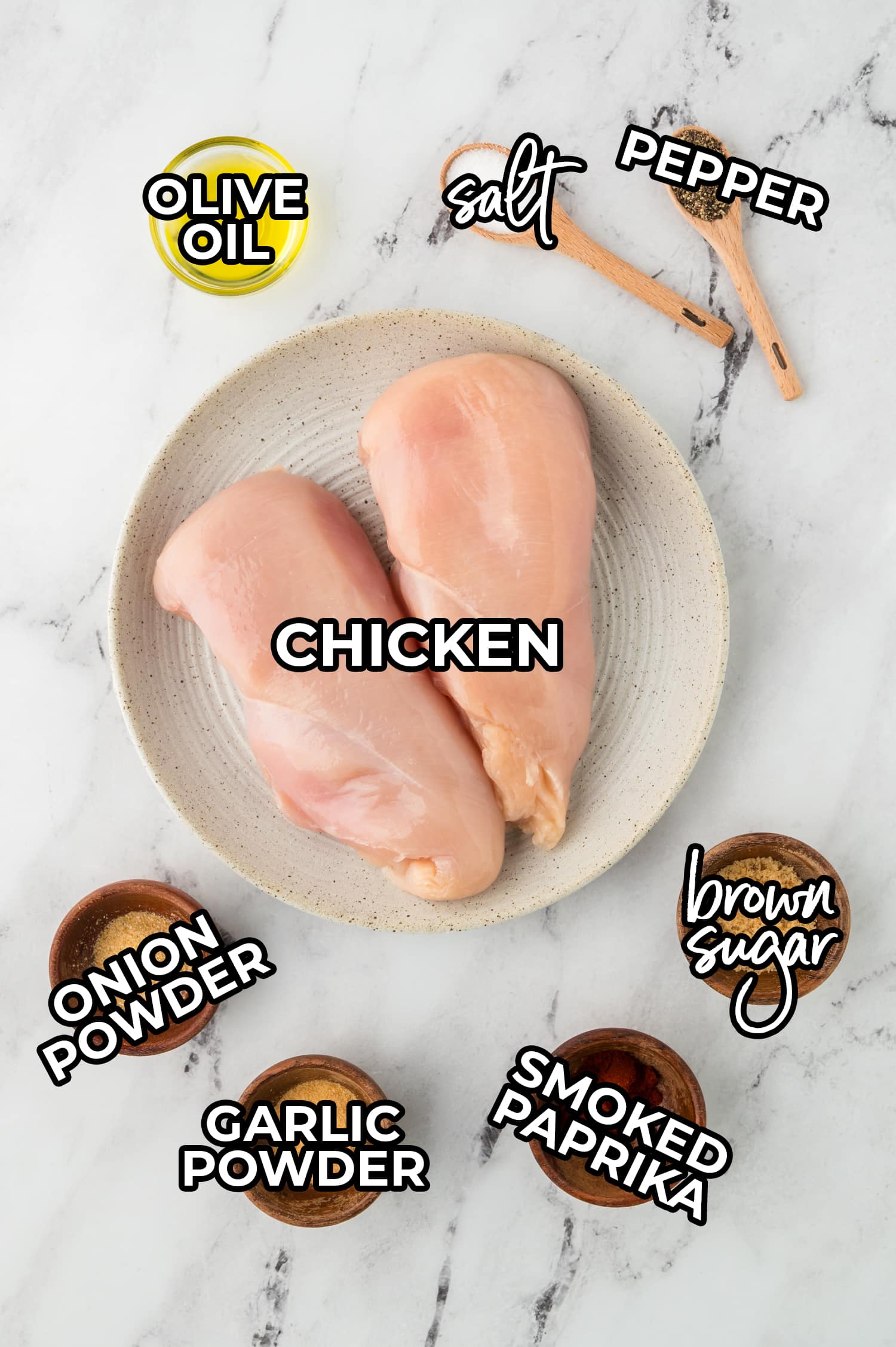 Ingredients needed to make air fryer chicken bites spread out and labeled.