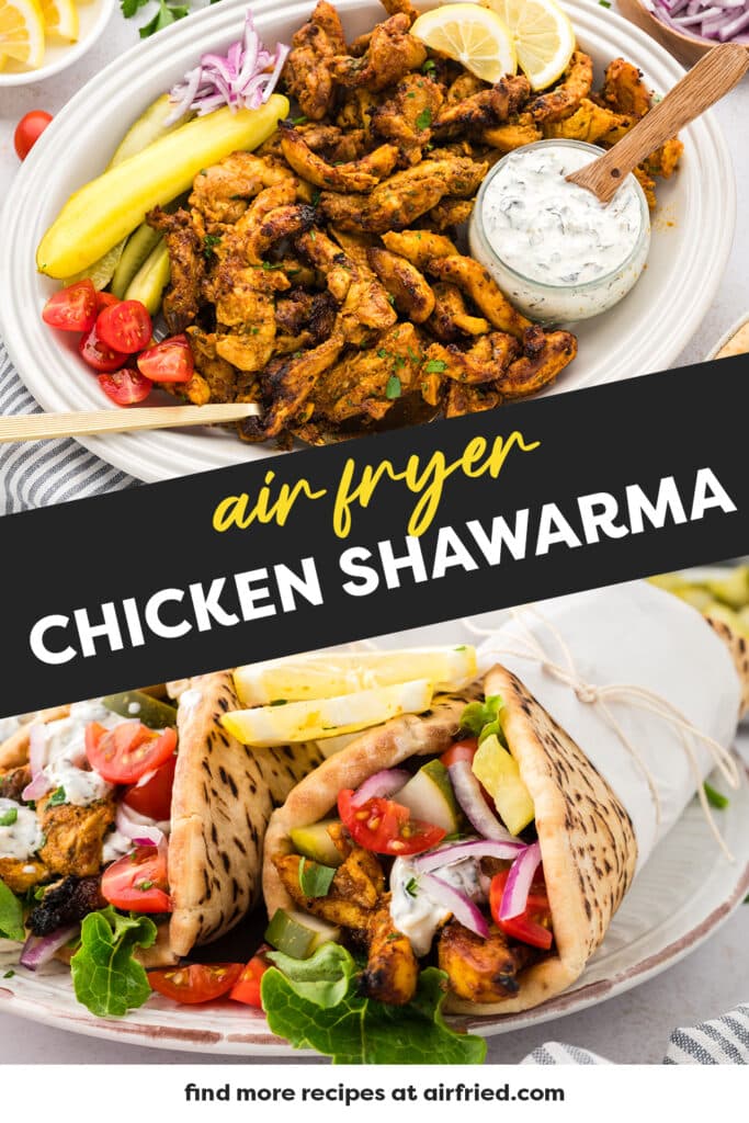 Collage of air fryer chicken shawarma being served in pita or open.