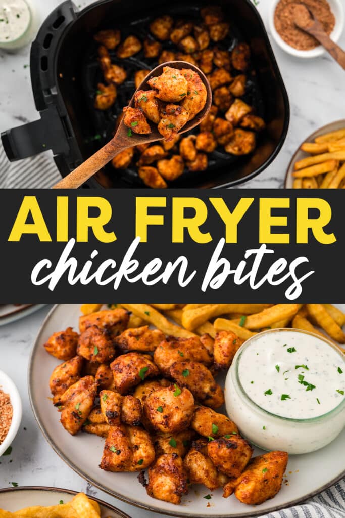 Collage of two pictures. The top picture is a wooden spoon scooping out chicken bites from an air fryer, the bottom is chicken bites plated with ranch dressing.