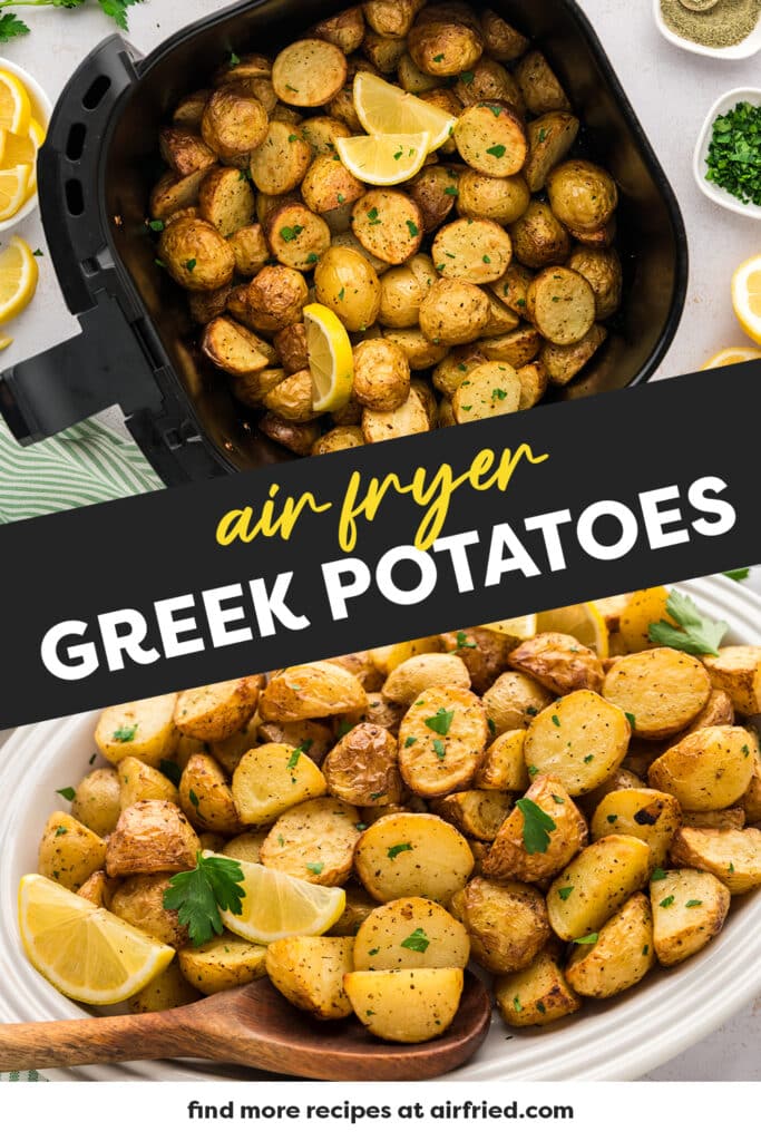 Collage of cooked Greek potatoes. The top picture has the potatoes in an air fryer.