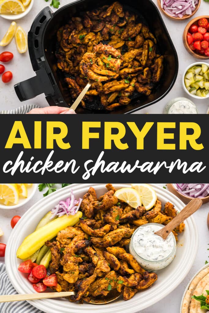 Collage of cooked chicken in an air fryer then served as shawarma on a plate.