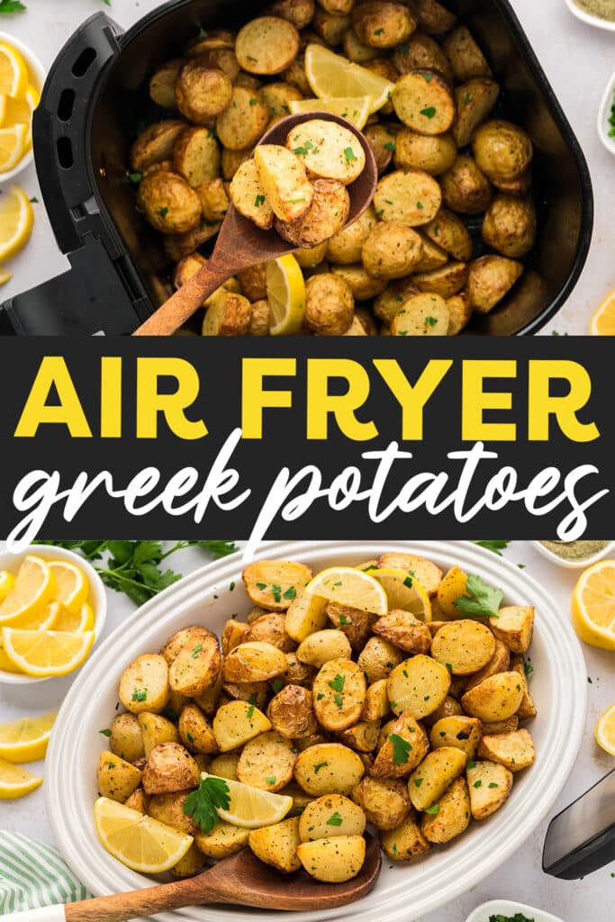 A collage of air fryer greek potatoes cut and cooked.