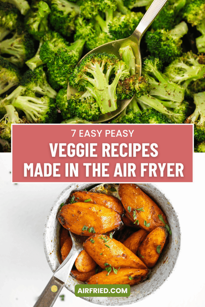 Collage of a broccoli and carrot recipe with a text overlay.