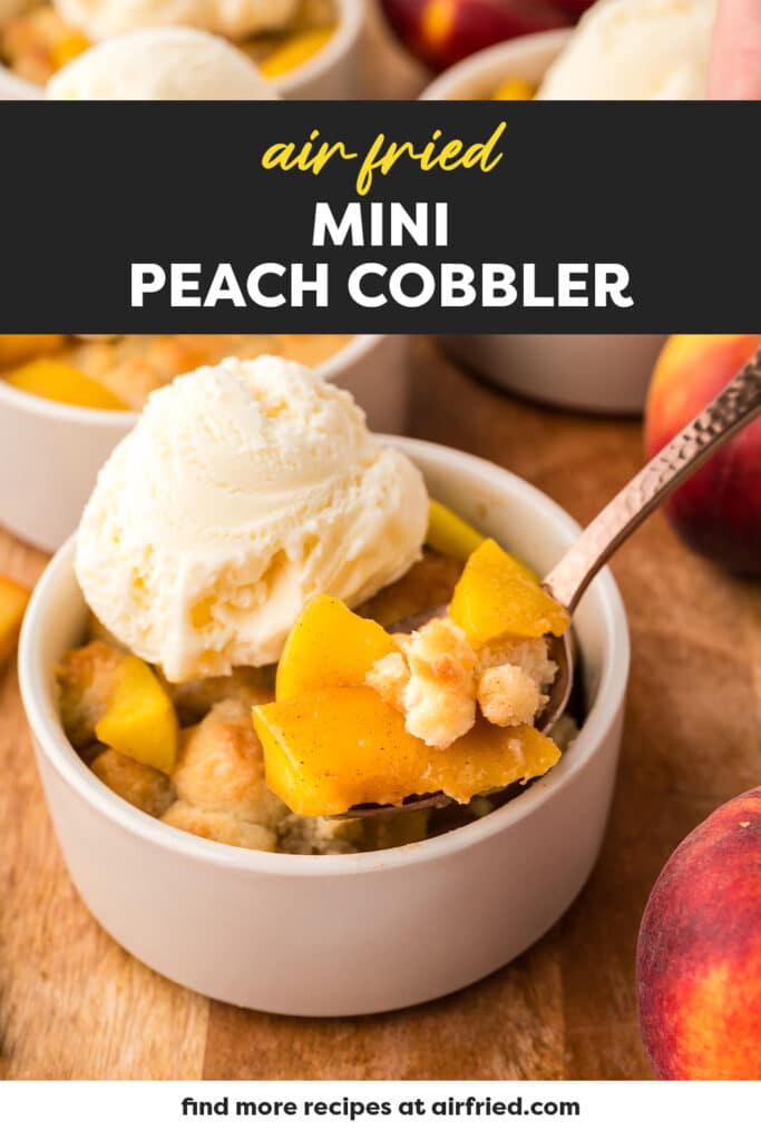 A close-up of a mini peach cobbler shows a ramekin filled A close-up shows a single mini peach cobbler ramekin, topped with a scoop of vanilla ice cream, highlighting the warm dessert and the cool, creamy topping.