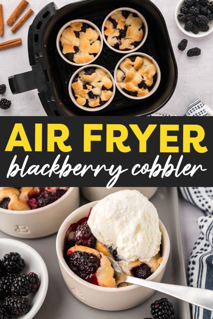 A collage of blackberry cobbler: top image shows four ramekins filled with blackberry cobbler, bottom image shows a spoon resting in a ramekin of blackberry cobbler.