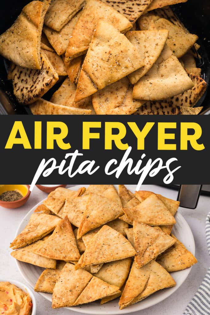 Understood. A collage of air fryer pita chips: the top image shows cooked, seasoned pita chips in an air fryer basket, and the bottom image shows the pita chips arranged on a white plate.