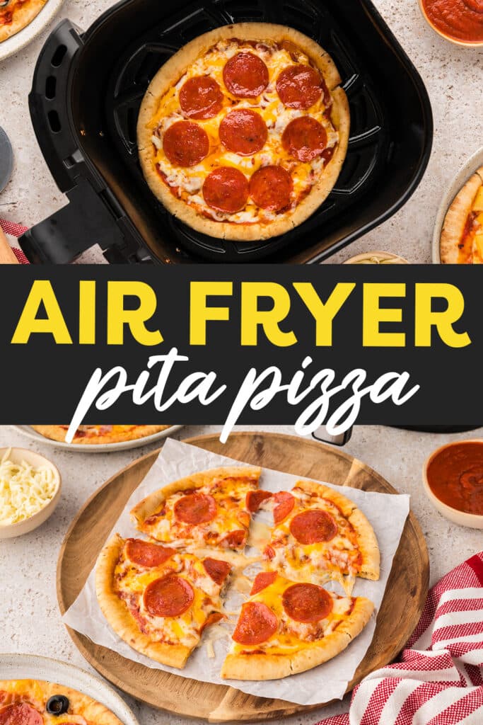 A collage of pita pizza: top image shows cooked pizza in an air fryer basket, bottom image shows sliced pita pizza.