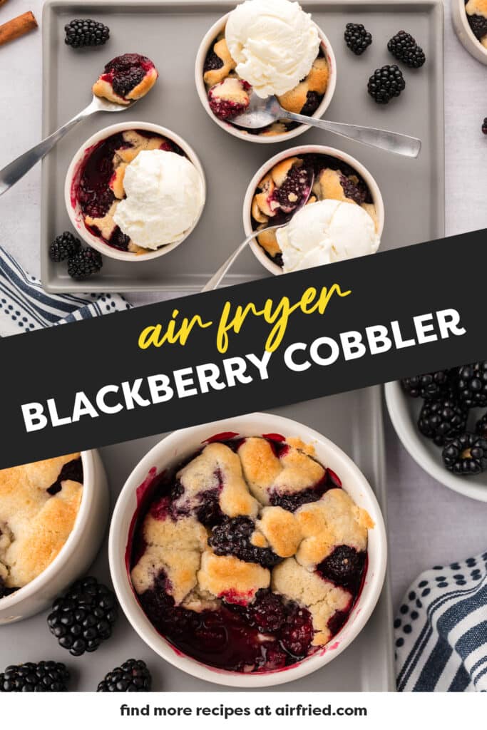 A collage of blackberry cobbler: top image shows a baking sheet with three ramekins of blackberry cobbler, bottom image shows a close-up of a single ramekin of blackberry cobbler.