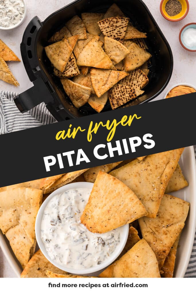 A collage of air fryer pita chips: the top image shows an air fryer basket filled with pita chips, and the bottom image shows a pita chip being dipped into a bowl of dip.