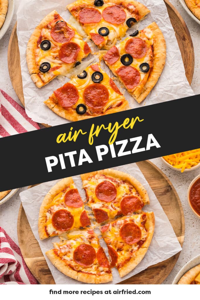 A collage of sliced pita pizzas: top image shows pepperoni and black olives,bottom image shows pepperoni.