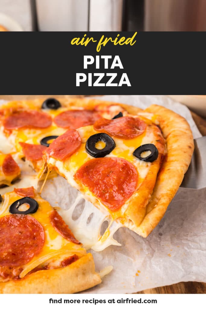 A slice of air fryer pita pizza being removed.