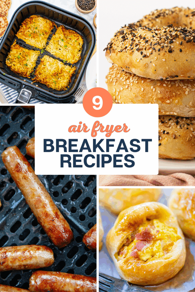 Collage of breakfast recipes made in the air fryer.