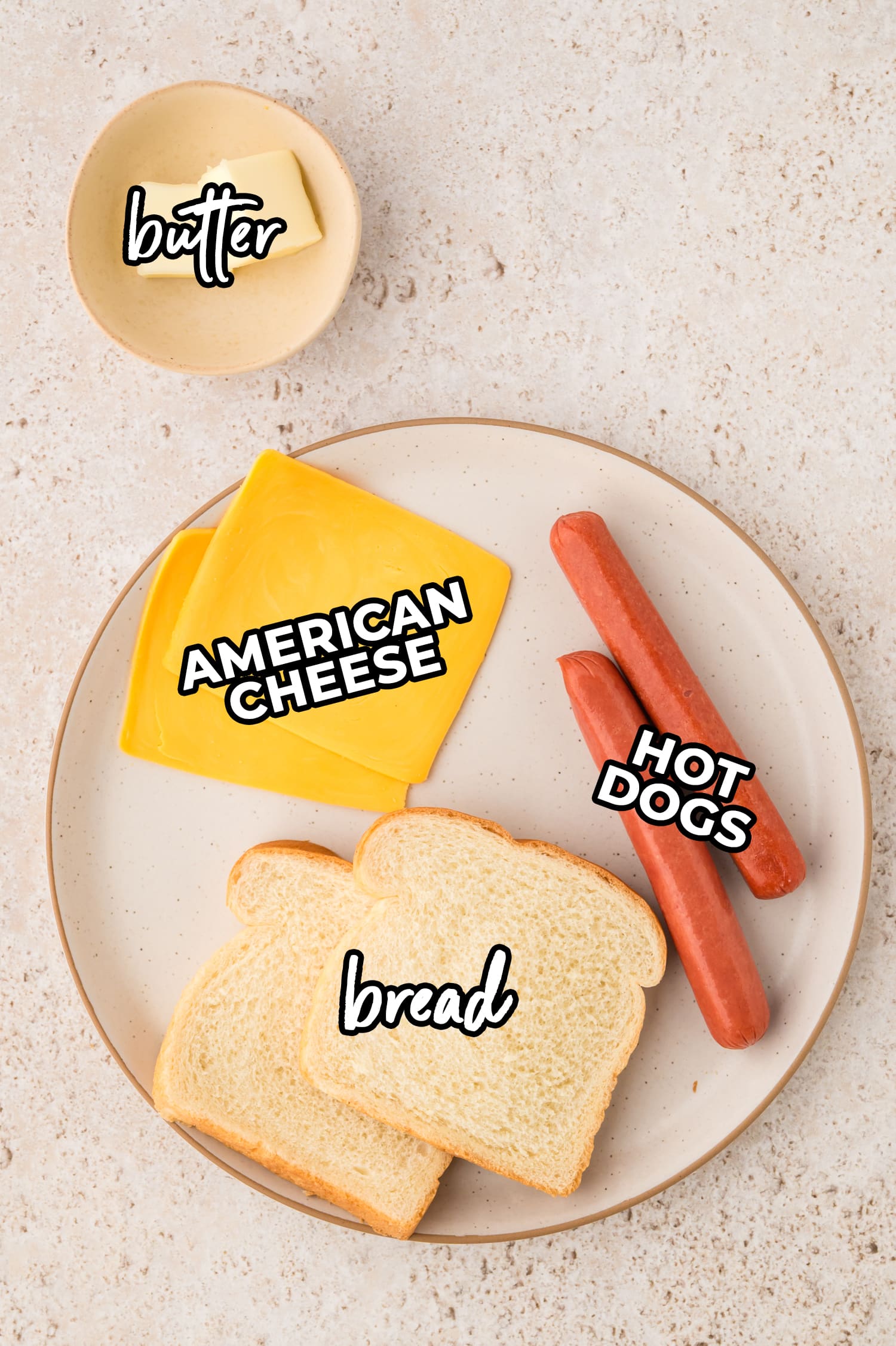 Ingredients for a grilled cheese hotdog with text overlay.