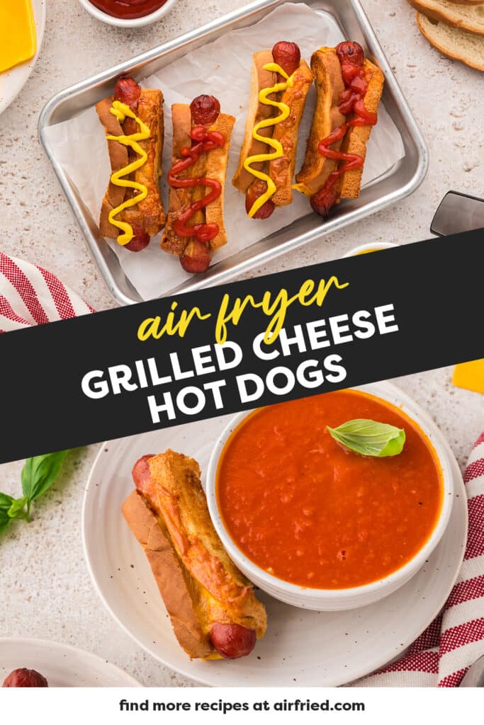 Collage of two pictures of grilled cheese hot dogs. The top picture is 4 hot dogs on a tray. The bottom picture is a hot dog next to a bowl of chili.