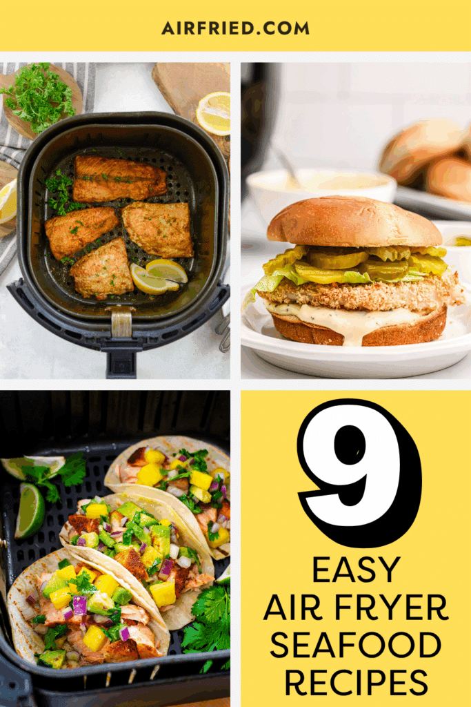 Air fryer seafood recipe image collage.