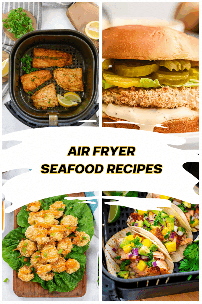 Collage of seafood images.