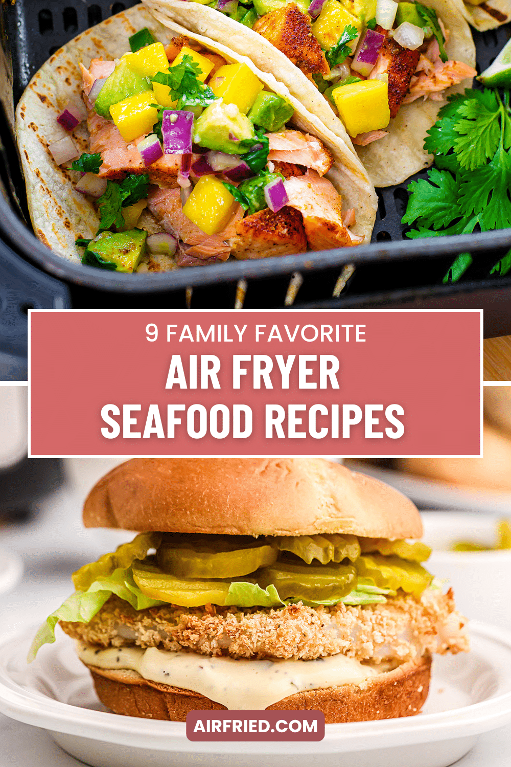 Collage of air fryer seafood images.