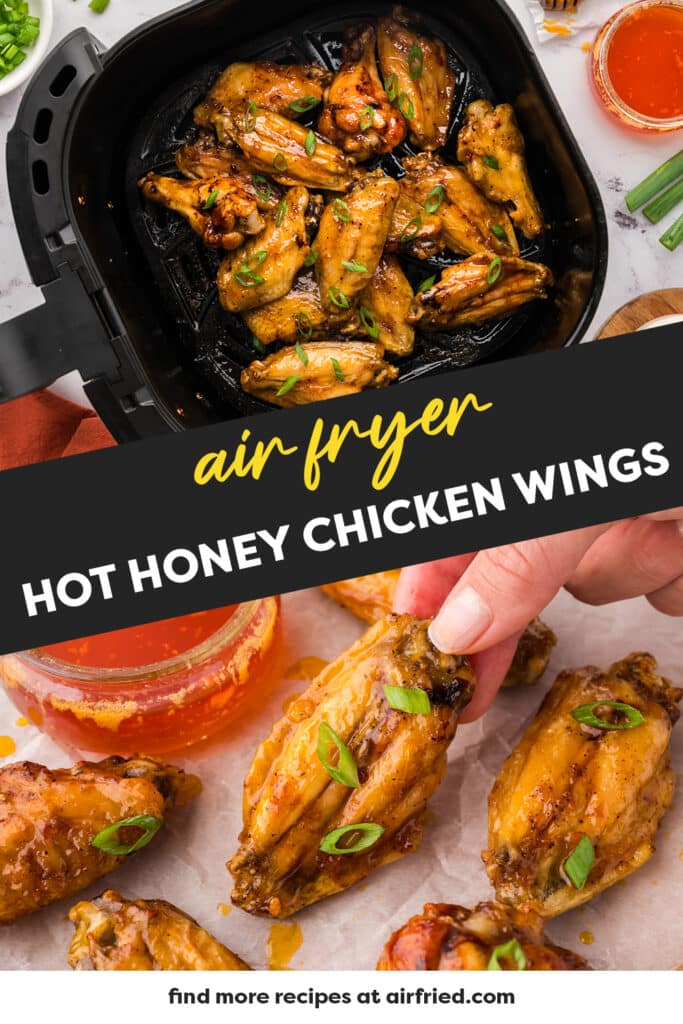 Collage of hot honey wings in air fryer and on counter.