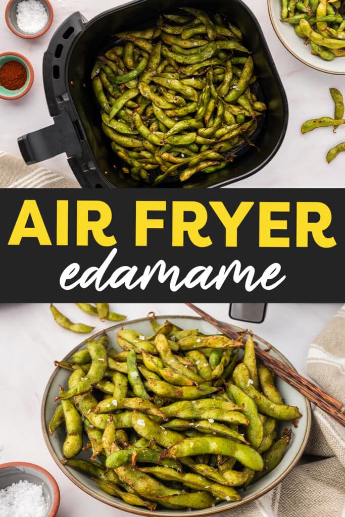 Collage of air fried edamame where the top picture has edamame in the air fryer basket and the bottom is the cooked edamame on a plate.