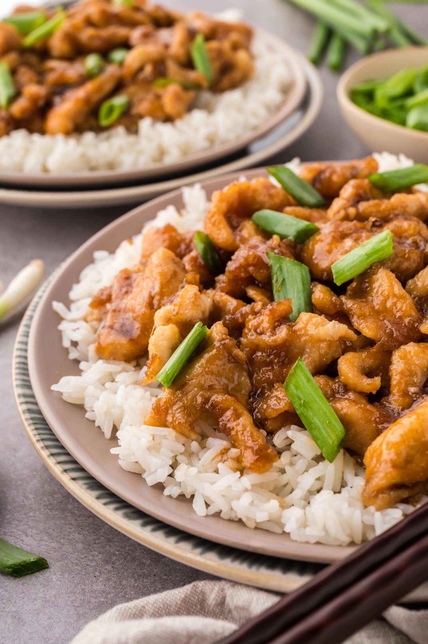Close up of mongolian chicken and rice served on a plate.